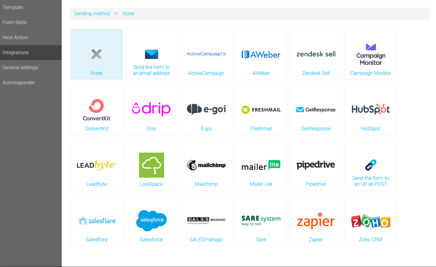 The integrations list of the Landingi editor features software listed above and more